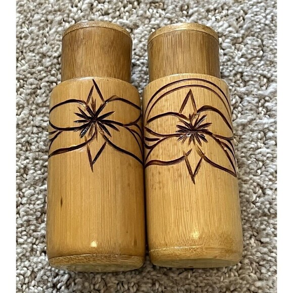 Hibiscus Atomic Wooden Salt & Pepper Shakers Mid Century Teak? Hawaiian - Picture 1 of 7